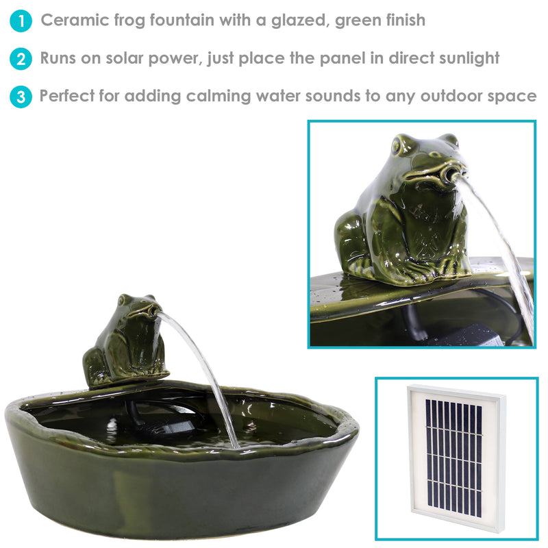 Frog Glazed Ceramic Outdoor Solar Water Fountain - 7 in