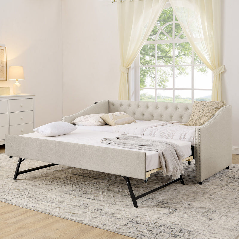 Upholstered Daybed With USB Charging & Pull Out Bed
