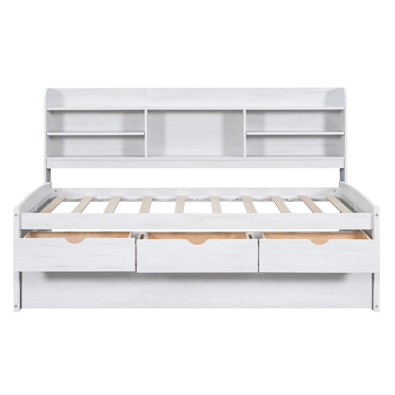 Captain Bed With Built In Bookshelves, 3 Storage Drawers, And Trundle
