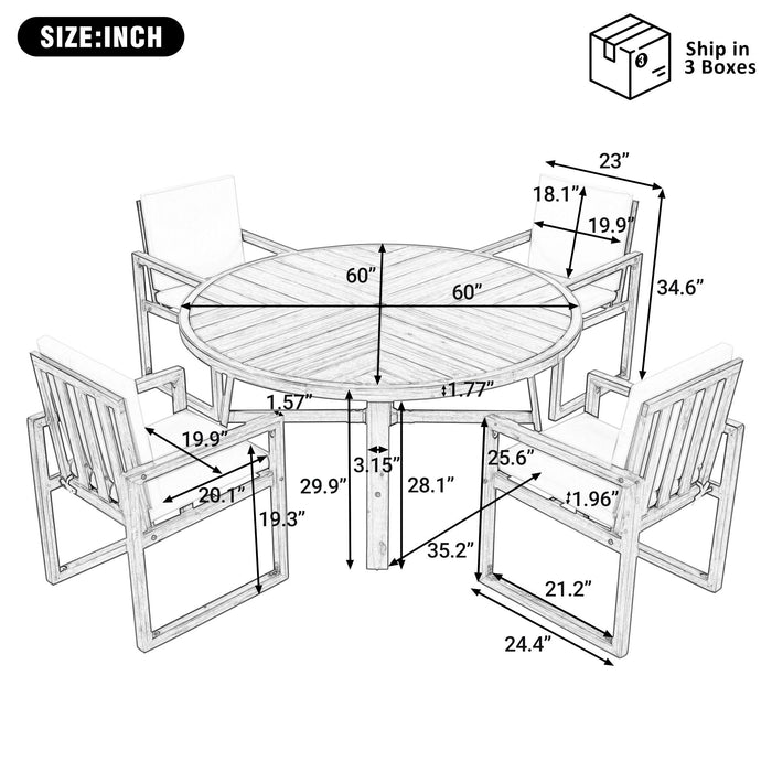 5 Piece Outdoor Patio Dining Set With 4 Armchairs And Table - Beige