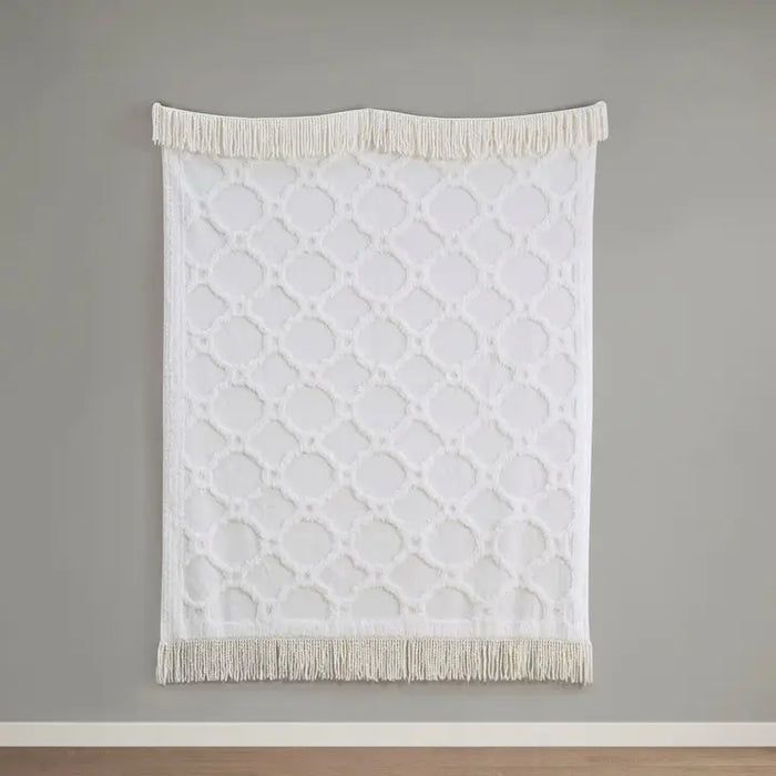 Fringed Tufted Throw Blanket | Moroccan Geometric | White