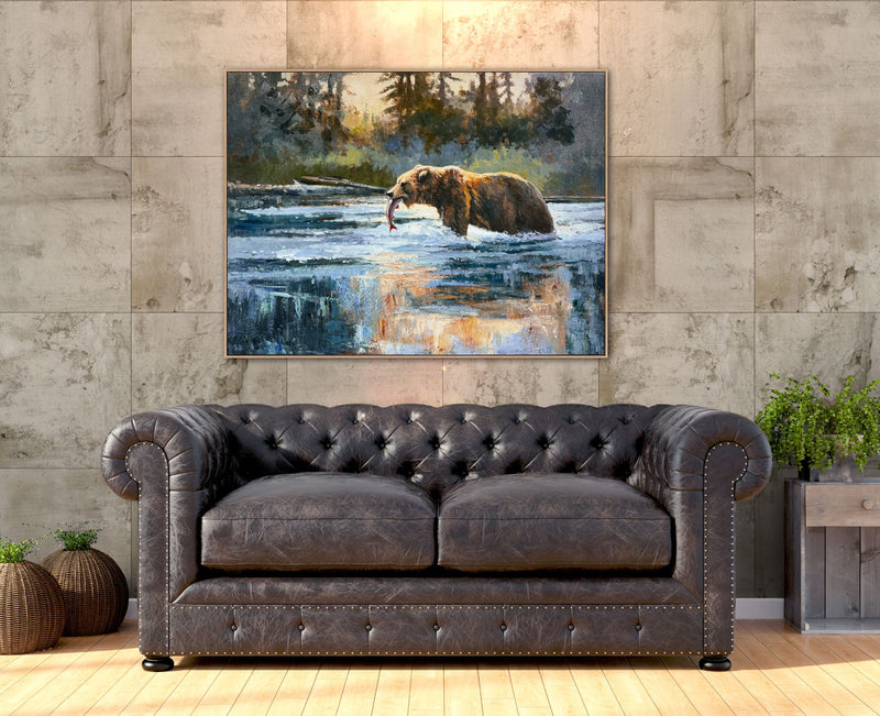Catch At First Light - 48 X 36 - Hand-Embellished Canvas In Frame - Blue