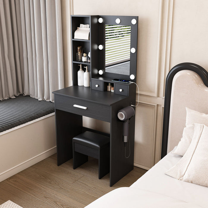 Vanity Table With Mirror, Adjustable LED Lights, Power Outlet, Hairdryer Holder & Stool