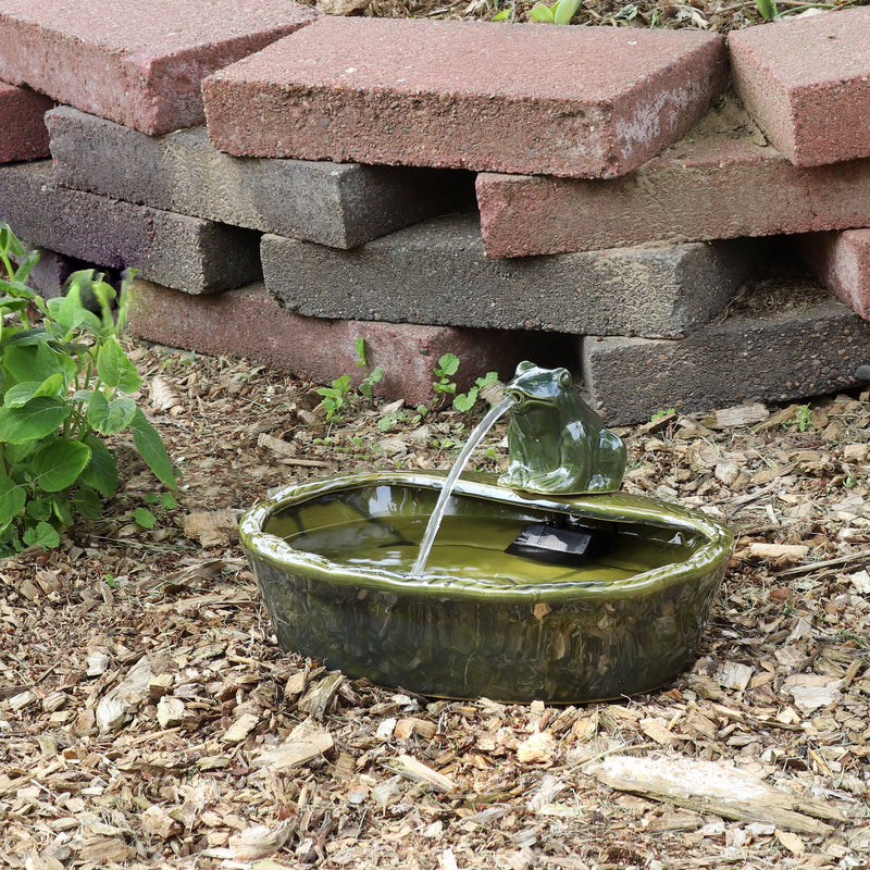 Frog Glazed Ceramic Outdoor Solar Water Fountain - 7 in