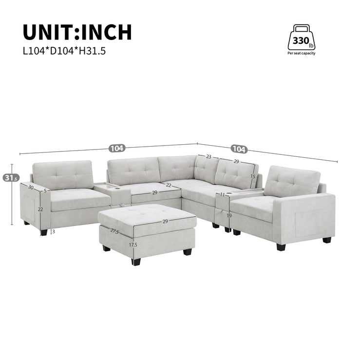 Sectional With Acrylic Table Top U Shaped Couch Set With 2 Consoles USB Charger, Storage Drawers And Pockets Movable Ottoman Tufted Sofa