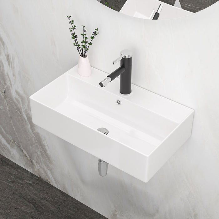Modern Ceramic Rectangular Wall Mounted Bathroom Sink With Faucet Hole & Overflow