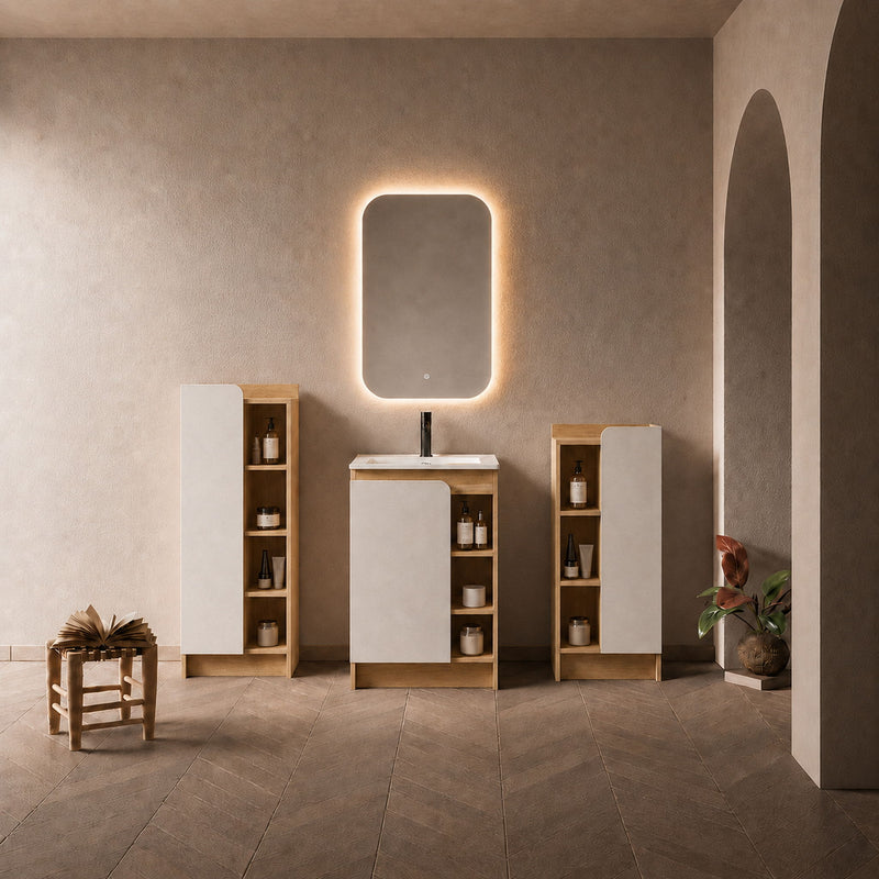 24" Bathroom Vanity With Sink & Tall And Low Side Cabinets, Vanity Set With Thin Edge Sink & Interchangeable Door Panels, 3 Piece Bathroom Storage Set - Black / Light Oak / White