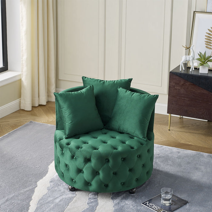 Modern Upholstered Swivel Chair With Button Tufted Design And Movable Wheels