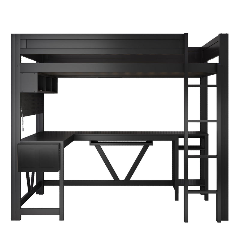 Gaming Loft Bed With Desk, Storage Shelves, LED And Charging Station