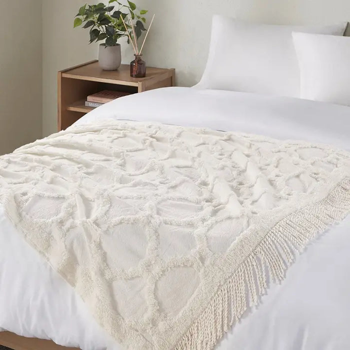 Fringed Tufted Throw Blanket | Moroccan Geometric | White