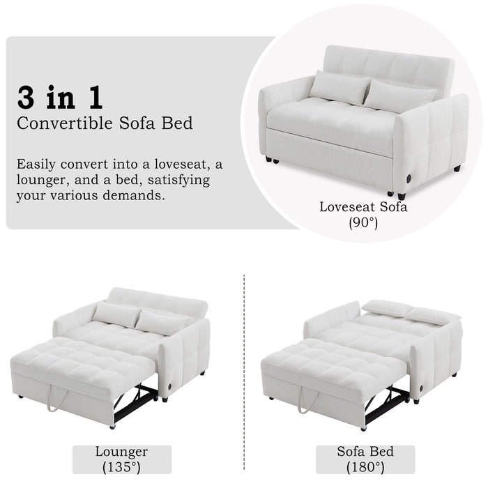 Loveseat Sofa Pull-Out Bed With Adjustable Backrest, 3 USB Ports And 2 Lumbar Pillows For Living Room