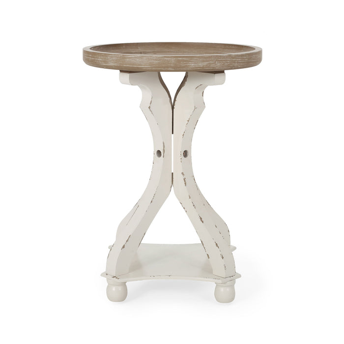 Rustic French Country Accent Table With Hourglass Firwood Base And Lipped Top
