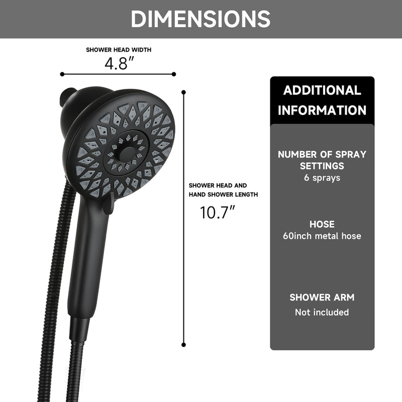 High Pressure Shower Heads 6 Spray Mode Handheld Shower With 60" Stainless Steel Hose - Matte Black