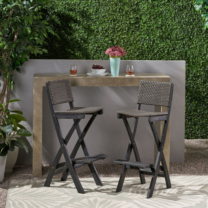 Outdoor Folding Acacia Wood Barstools With Rattan Backrest And Seat