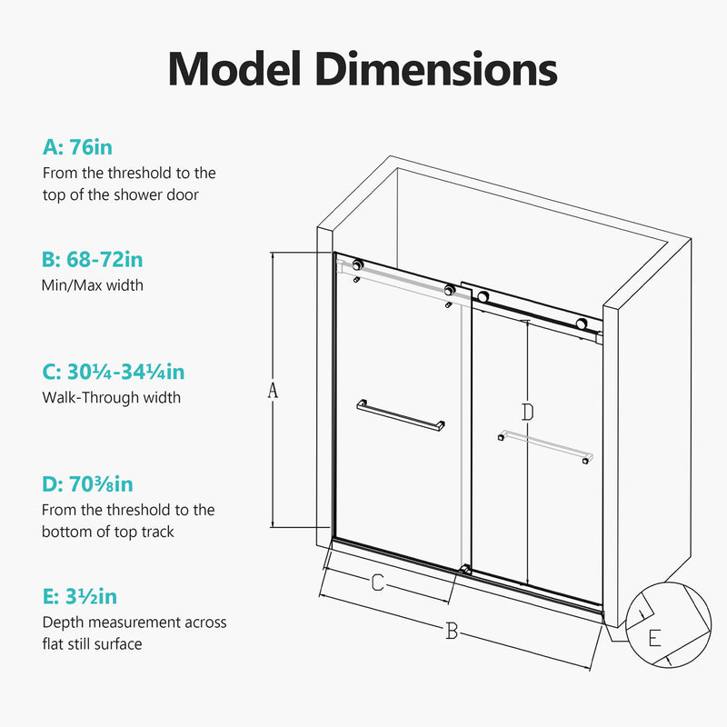 Frameless Double Sliding Soft Close Shower Door, Tempered Glass
