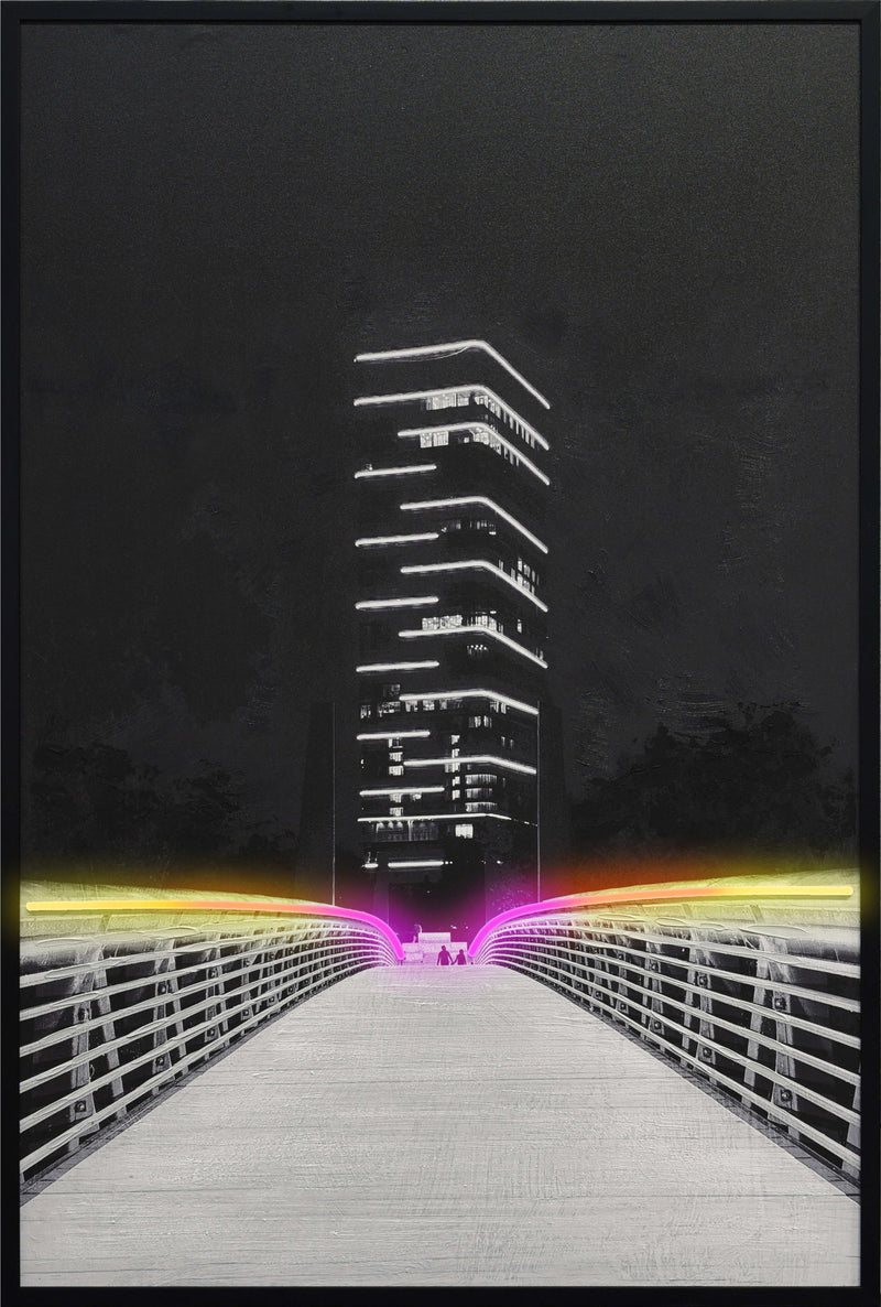 Electric Promenade - 32 X 48 - Hand-Embellished Color Changing Neon Canva - Black