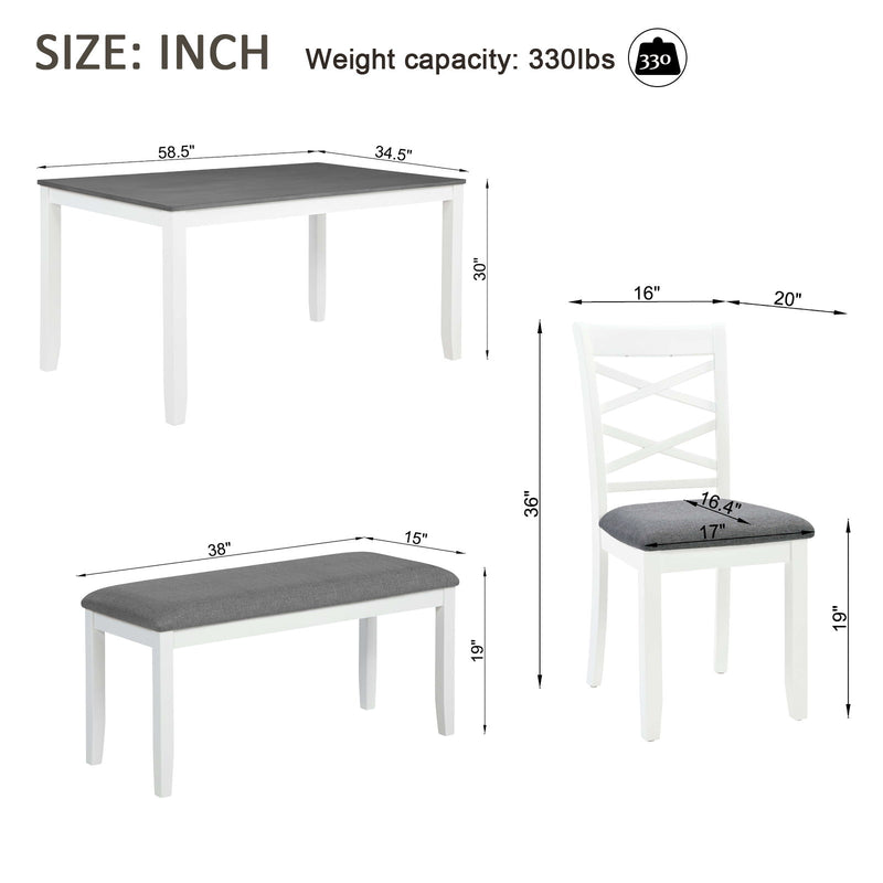 Elegant 6 Piece Dining Table Set With 4 Chairs And Bench