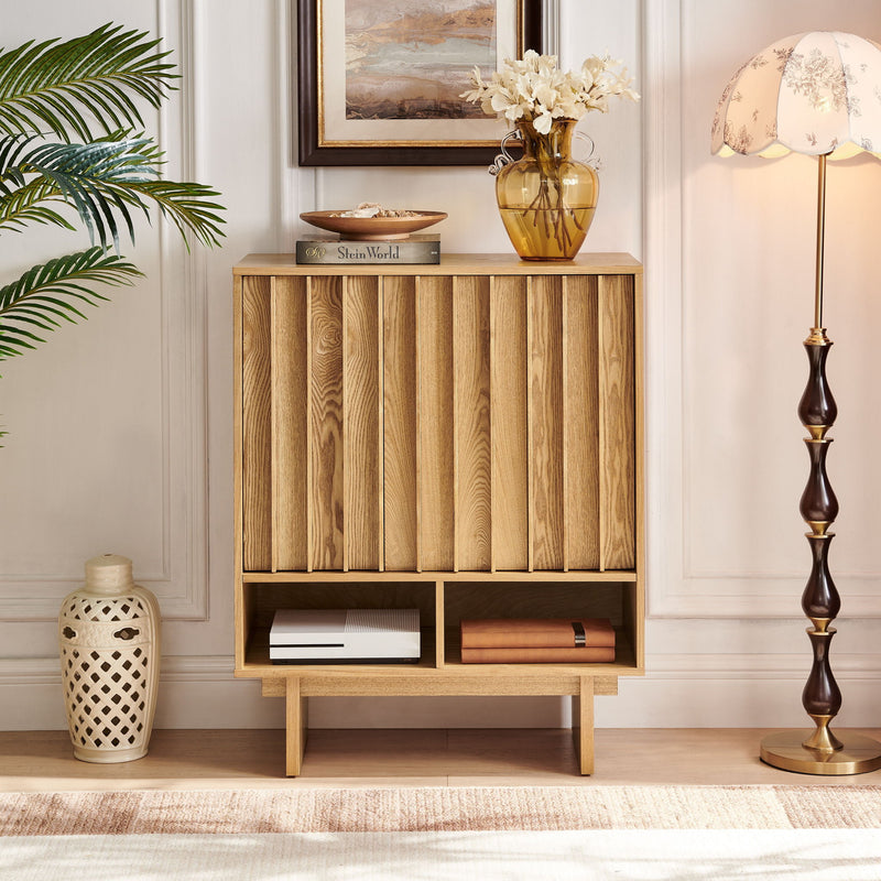 Sideboard Buffet Cabinet With Grille Slat Design With 3 Doors And Adjustable Shelves