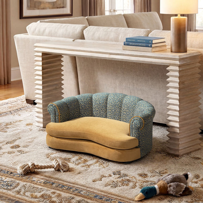 Halle - Rolled Arm Dog Sofa Bed - Gold / Blue