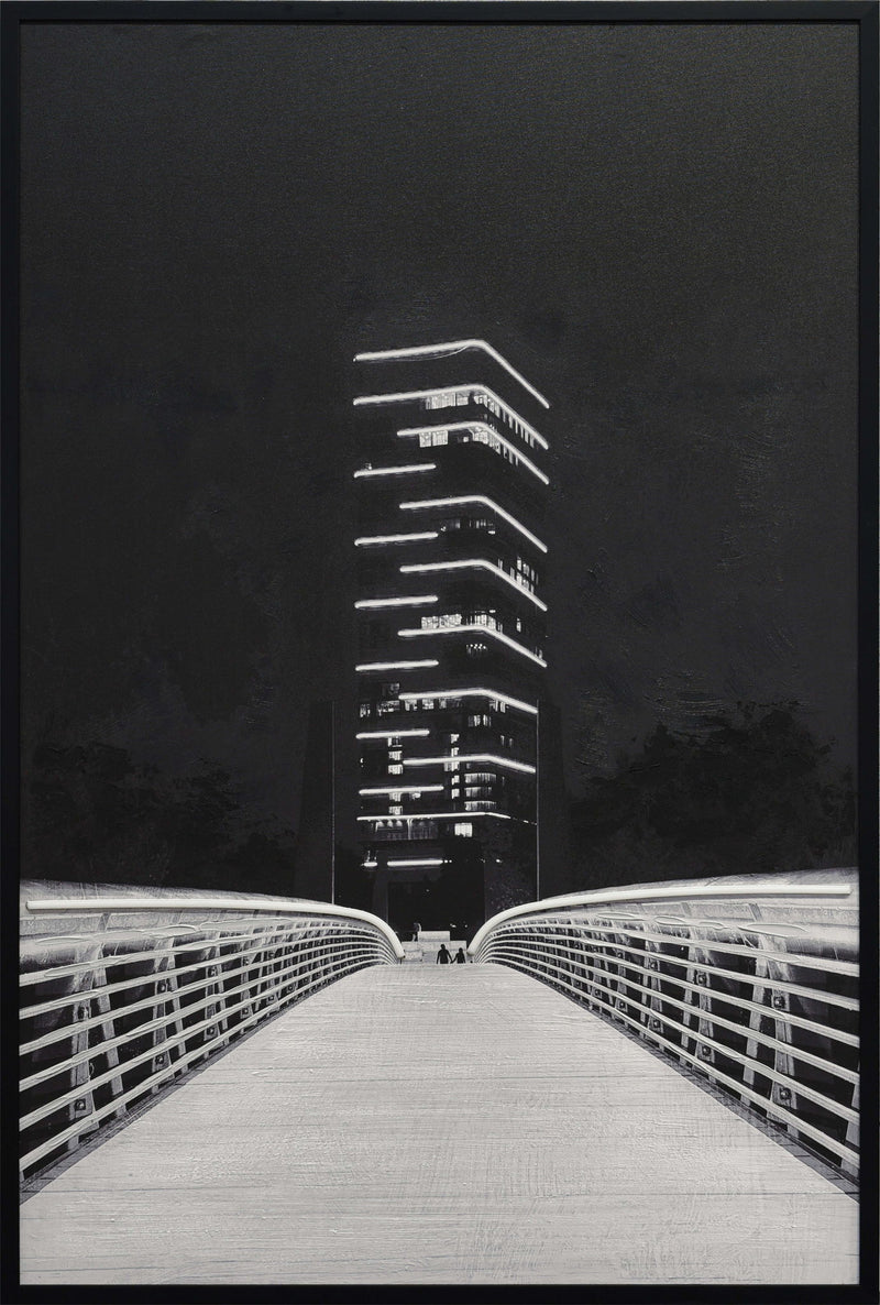 Electric Promenade - 32 X 48 - Hand-Embellished Color Changing Neon Canva - Black
