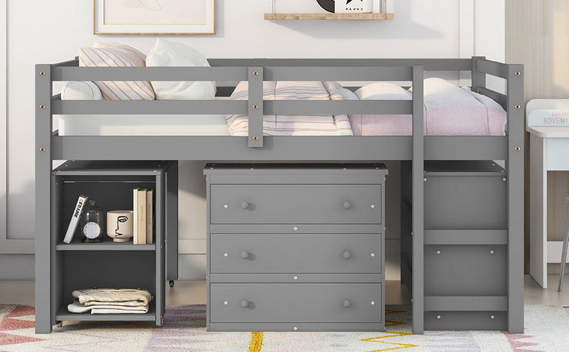 Loft Low Study Bed With Cabinet, Shelves And Rolling Portable Desk, Multiple Functions