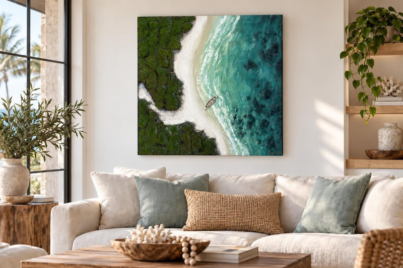 Hidden Lagoon - 40 X 40 - Hand-Painted Wrapped Canvas With Faux Moss - Turquoise