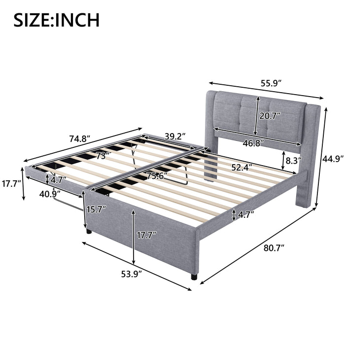 Upholstery Platform Bed With Trundle,Trundle Can Be Flat Or Erected