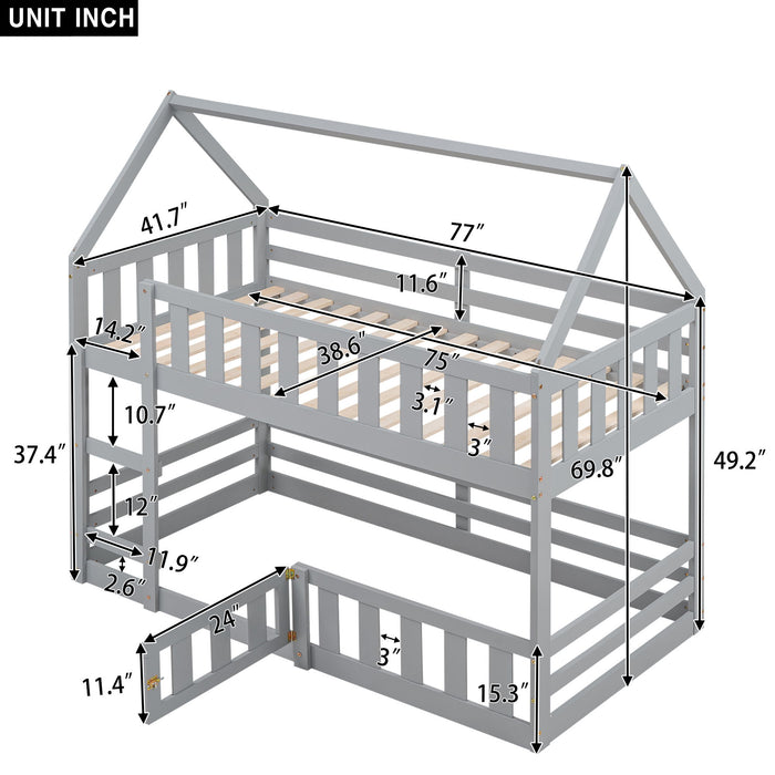 Twin Over Twin House Bunk Bed With Fence And Door