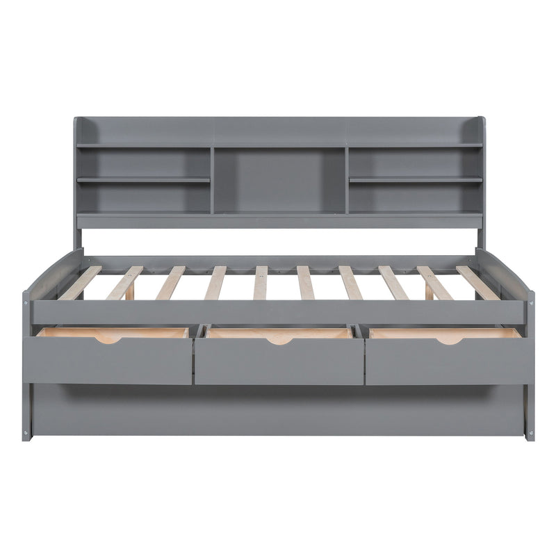 Captain Bed With Built In Bookshelves, 3 Storage Drawers, And Trundle