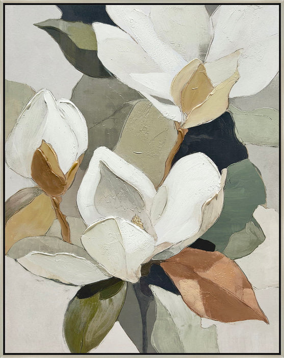 "Magnolia Serenity I" Hand-Embellished Canvas In Frame - Green / Orange / White
