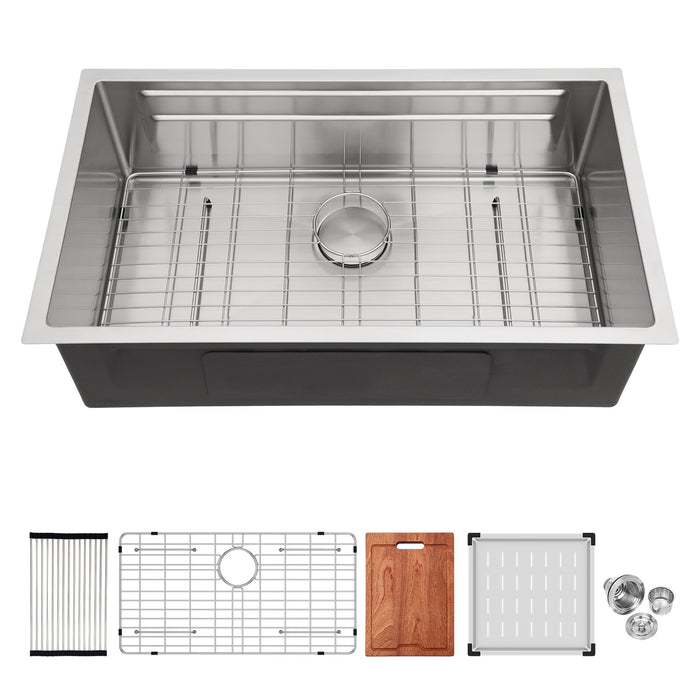 Undermount Kitchen Sink, Single Bowl With Ledge Workstation, 16 Gauge Stainless Steel - Brushed Nickel