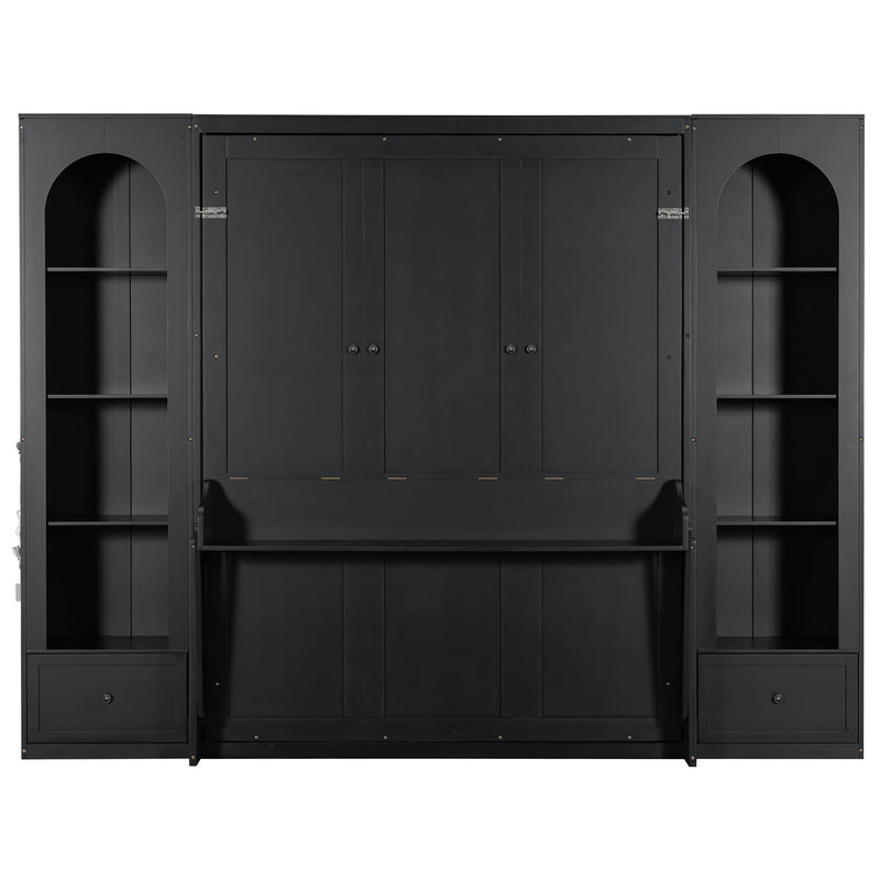 French Style Murphy Platform Bed With Shelf, Side Cabinets, Drawers And LED
