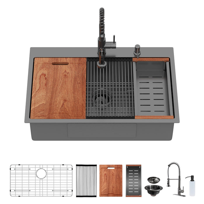 Drop In Kitchen Sink With Pull Out Faucet And Soap Dispenser, Single Bowl Topmount Sink - Gunmetal Black