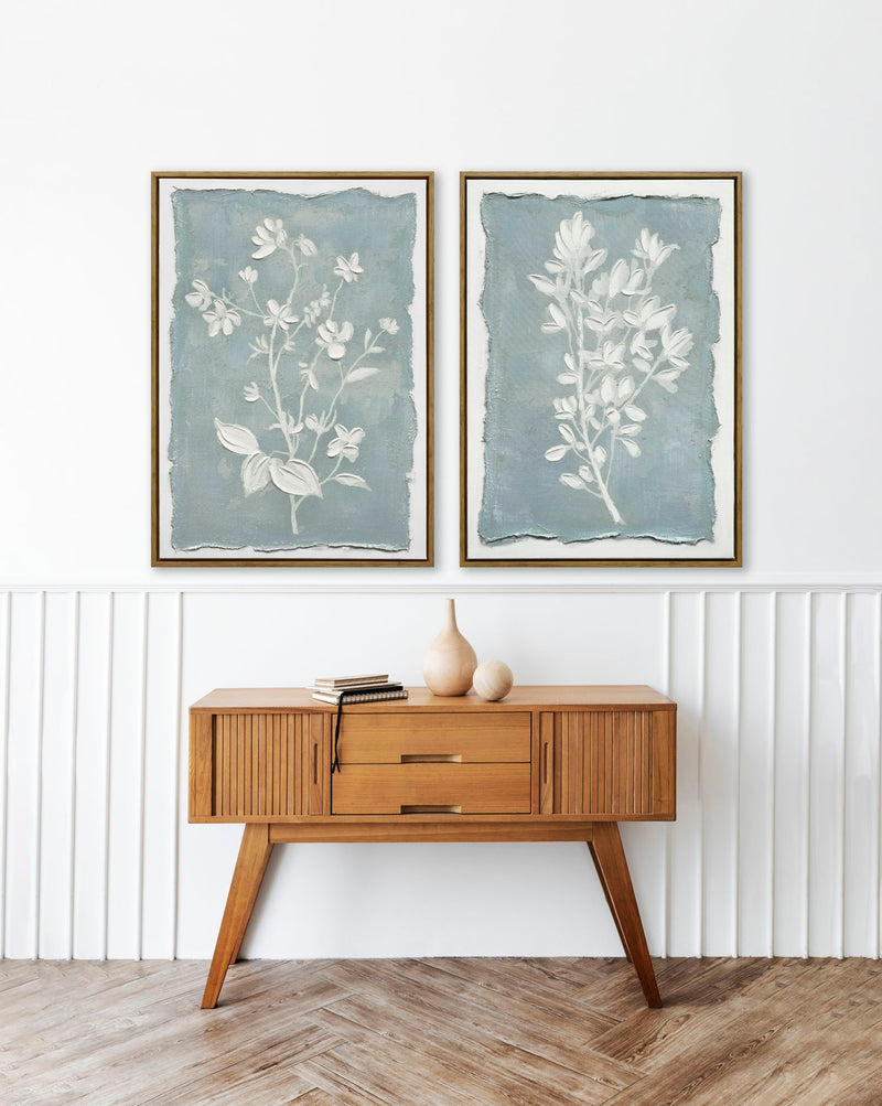 "Whispering Blooms I" Hand-Embellished Canvas In Frame - Blue / White