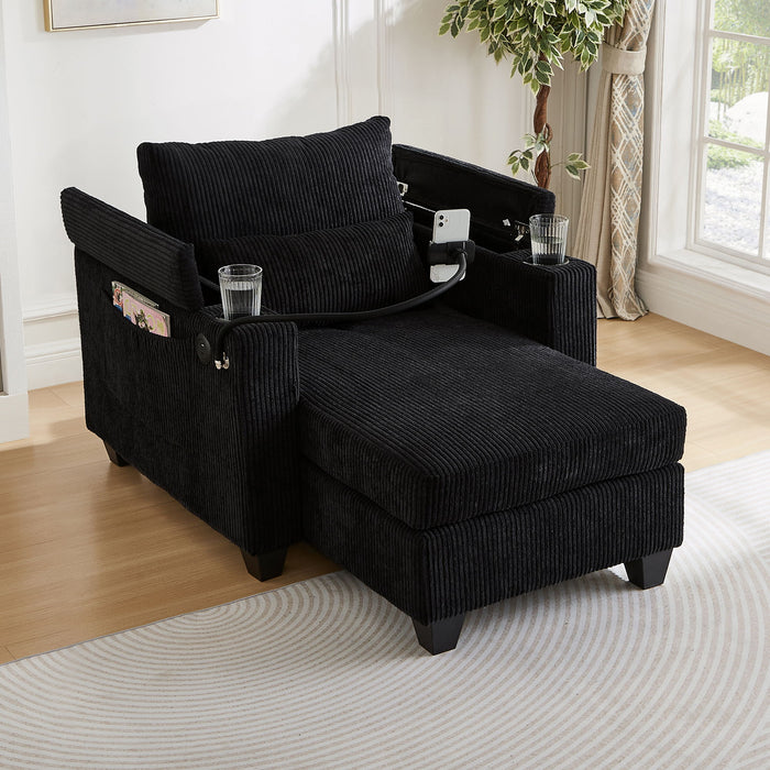 Convertible Chaise Lounge Sofa Chair With USB Ports, Cup Holders, Phone Holder And Storage