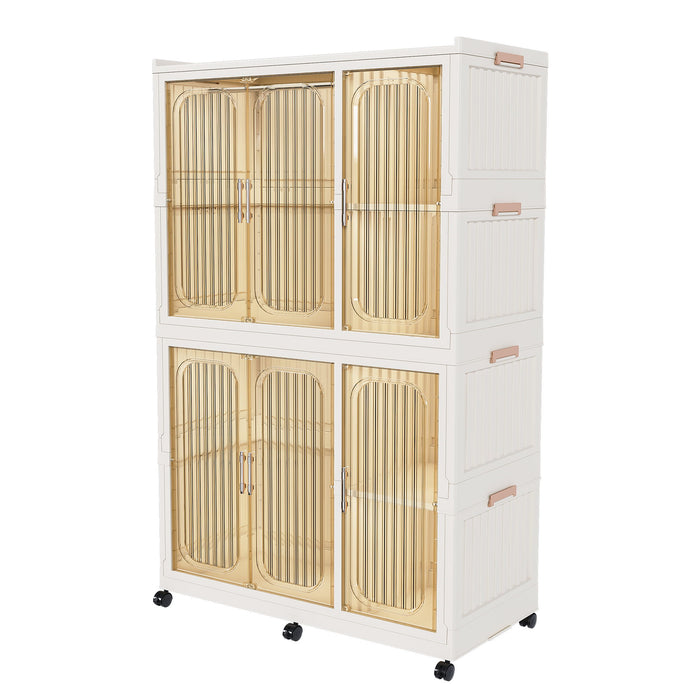 Portable Wardrobe Closet Storage Organizer For Clothes, 6 Magnetic Doors With 6 Cubes & 2 Hanging Rods, 6 Hangers - Cream White