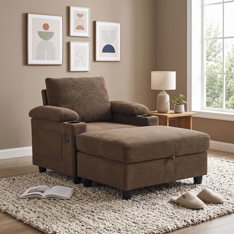 Accent Chair With Storage Ottoman, Reclining Single Chaise Lounge With Cupholders And USB, C Ports