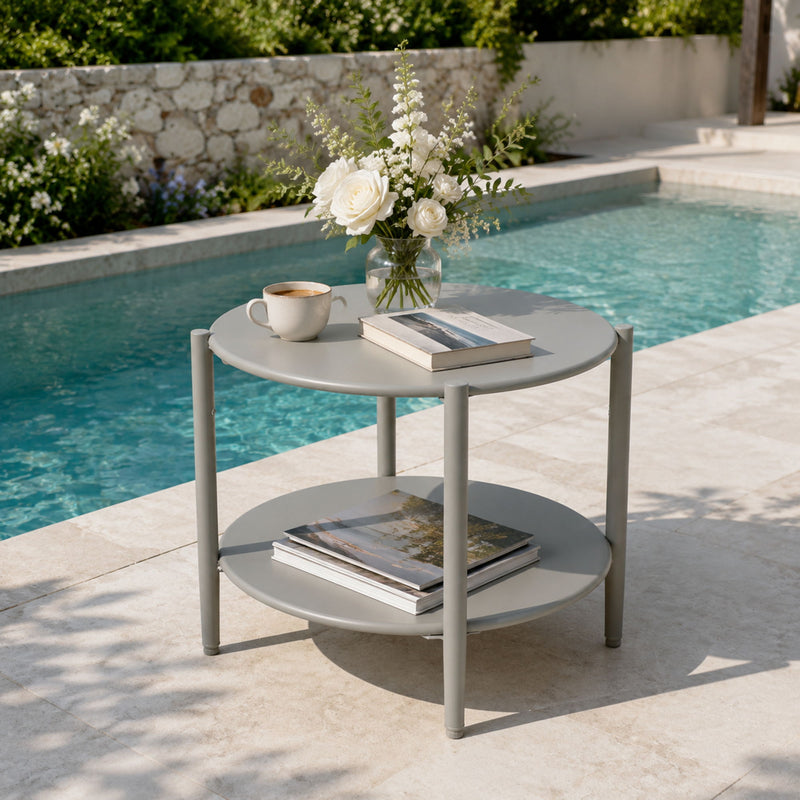 Round Outdoor Coffee Table With Shelf For Garden - Gray