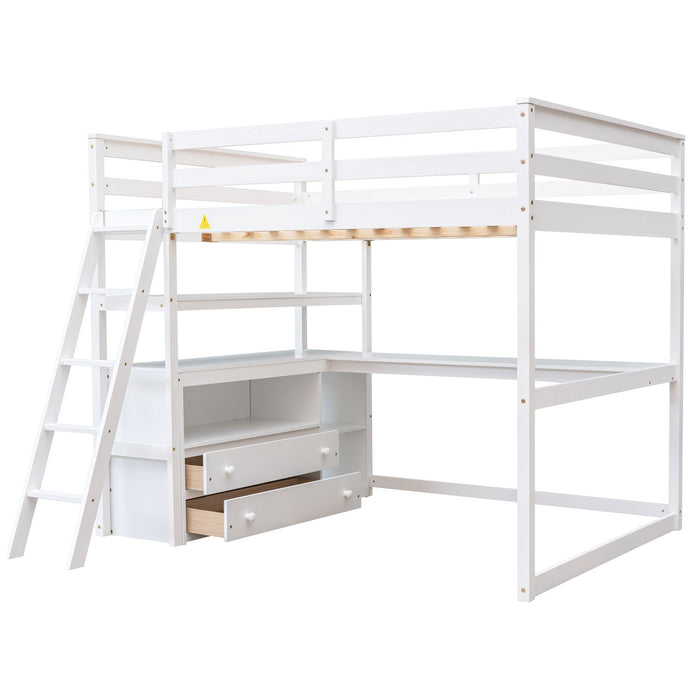 Modern Loft Bed With Built In Desk, Shelves, And 2 Drawers
