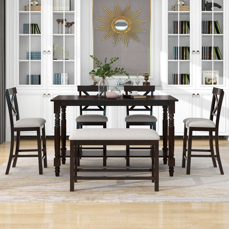 Counter Height Dining Set With Shelf, 4 Chairs And Bench - Espresso