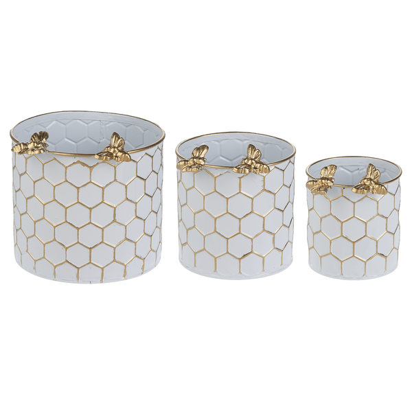 White & Gold Honeycomb Planter with Bee