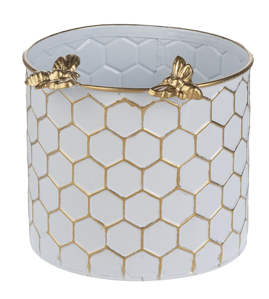 White & Gold Honeycomb Planter with Bee