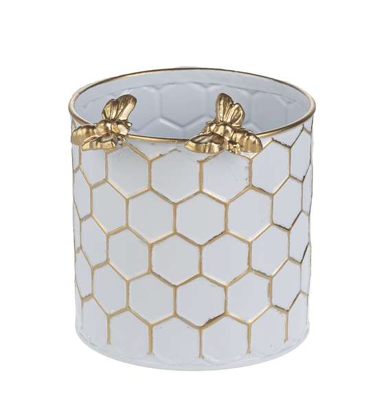 White & Gold Honeycomb Planter with Bee