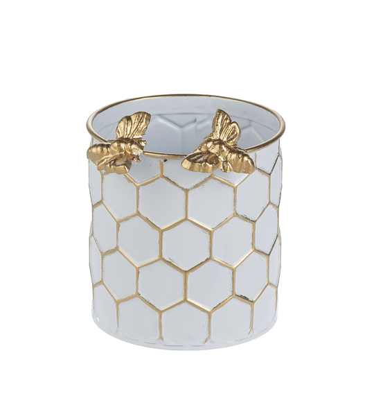 White & Gold Honeycomb Planter with Bee