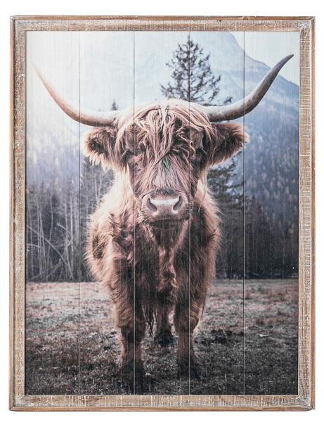 Highlander Cow with Mountain Wall Decor in Barnwood Frame