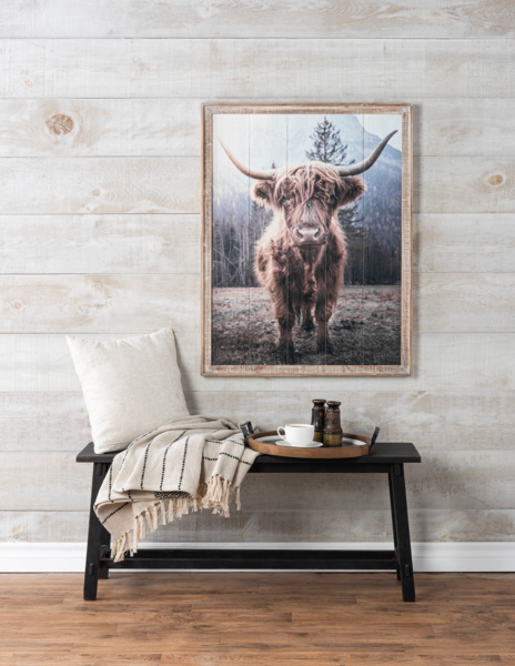 Highlander Cow with Mountain Wall Decor in Barnwood Frame