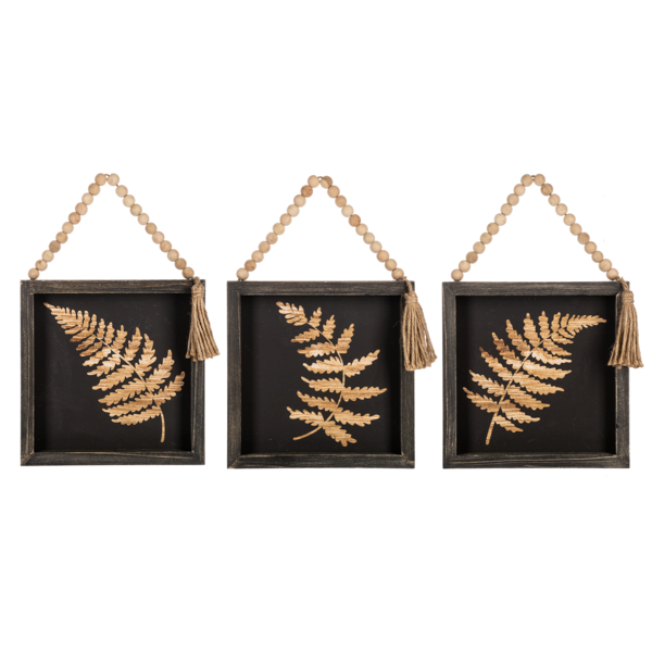 Black & Natural Fern Silhouette Beaded Hanger Wall Décor | Set of 3