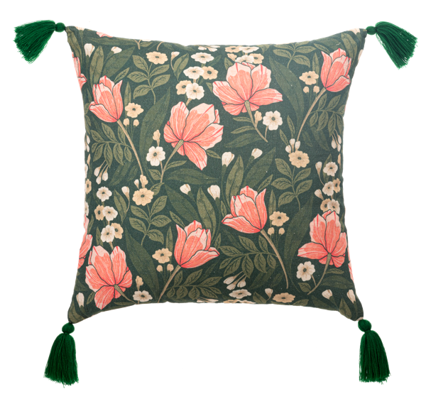Green Floral Pattern Pillow w/Tassels