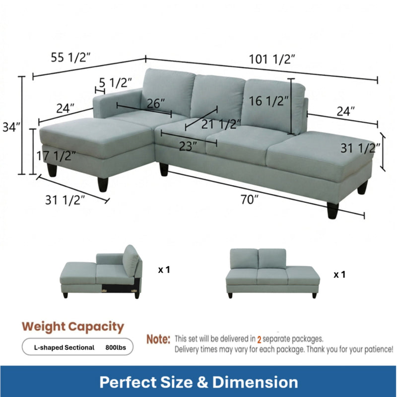 L - Shaped Sectional Sofa With Left Chaise & Ottoman - Pale Green