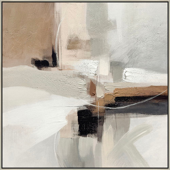 "Earthy Abstraction II" Hand-Embellished Canvas In Frame - Neutral / Beige / Black / White